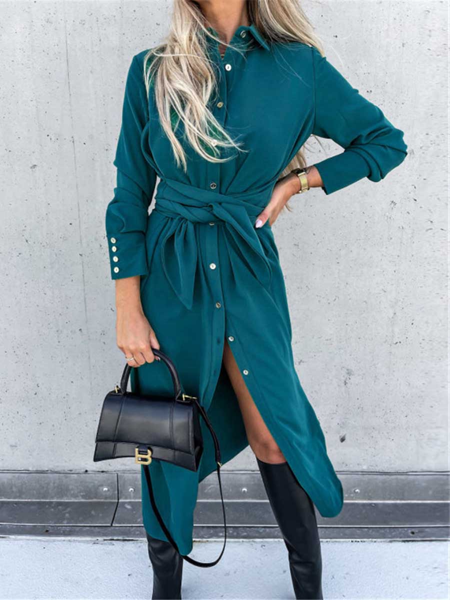 Long Solid Color Cardigan Long Sleeve Hem Dress