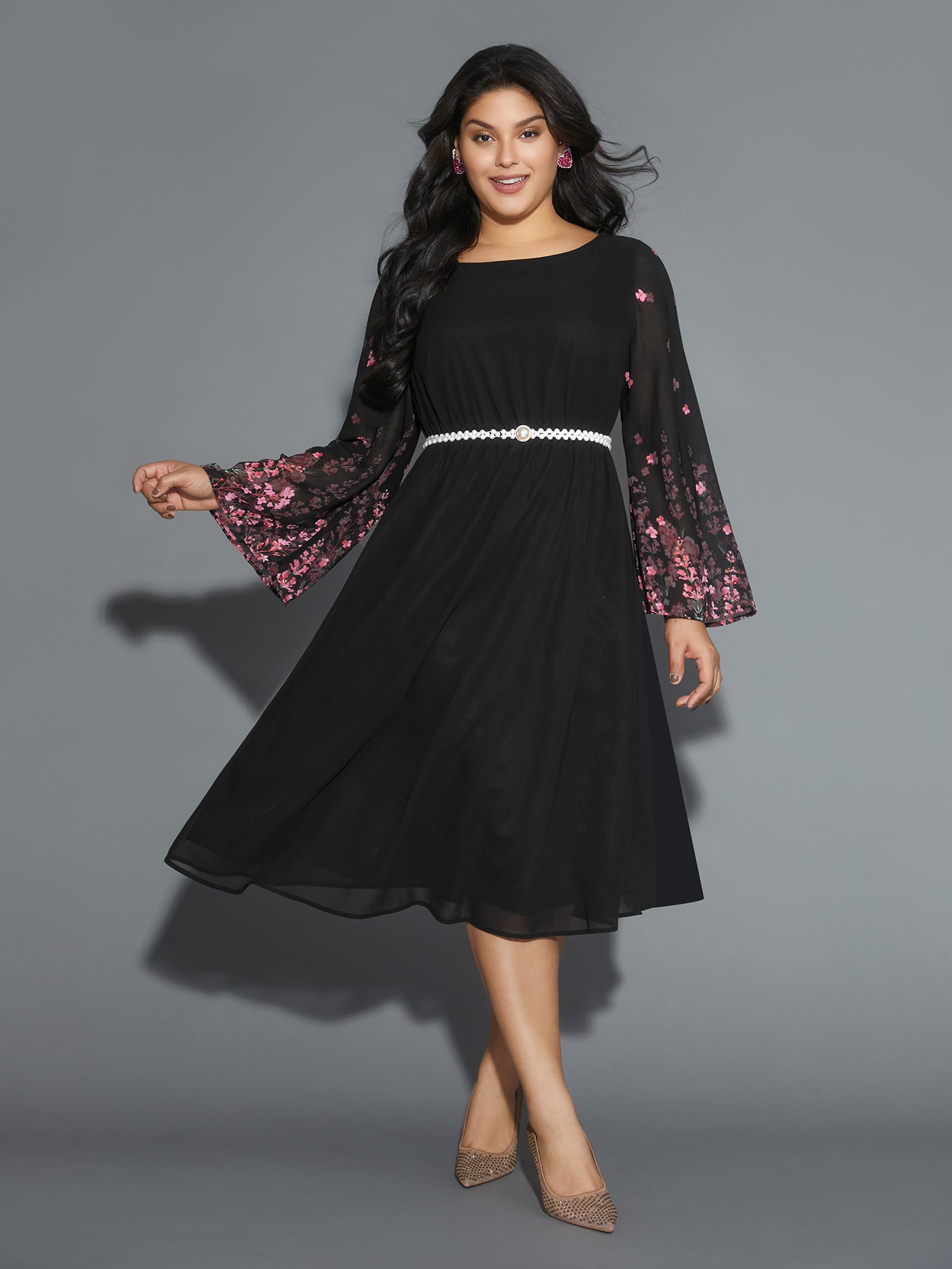 Floral Mesh Bell Sleeve Boat Neck Dress