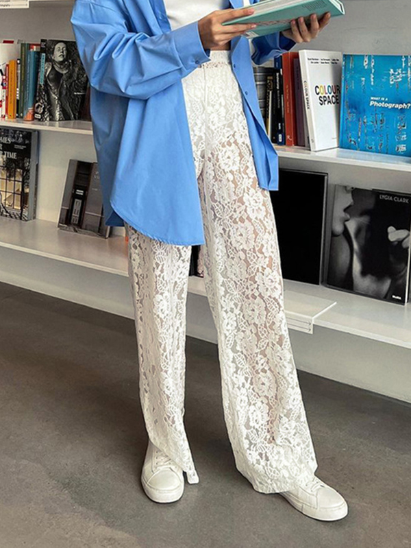 High Waisted Loose Jacquard See-Through Solid Color Pants Trousers