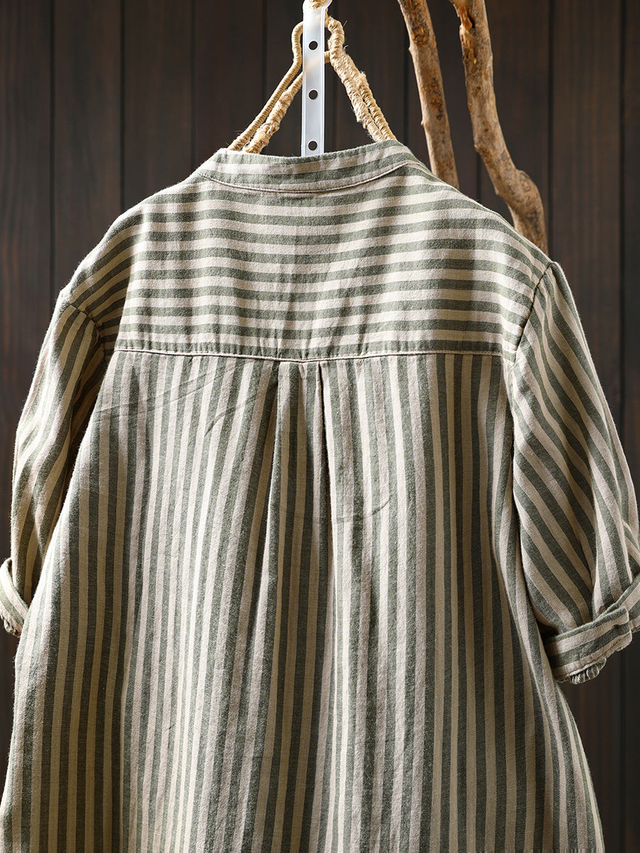 Women Summer Casual Stripe V-Neck 100%Cotton Shirt