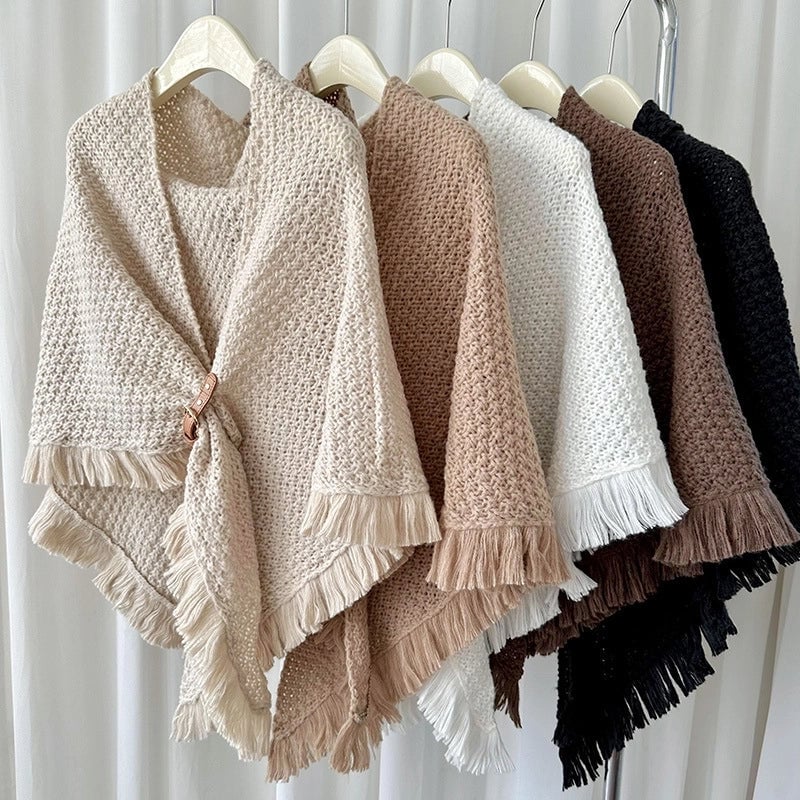 Autumn And Winter New Tassel Cape Shawl Versatile Thick Warm Neck Protection Solid Color Knotted Scarf Outer Waistcoat