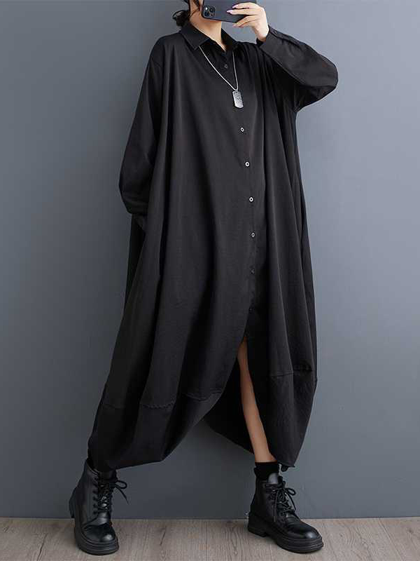 A-Line Long Sleeves Buttoned Pockets Solid Color Split-Joint Lapel Midi Dresses Shirt Dress