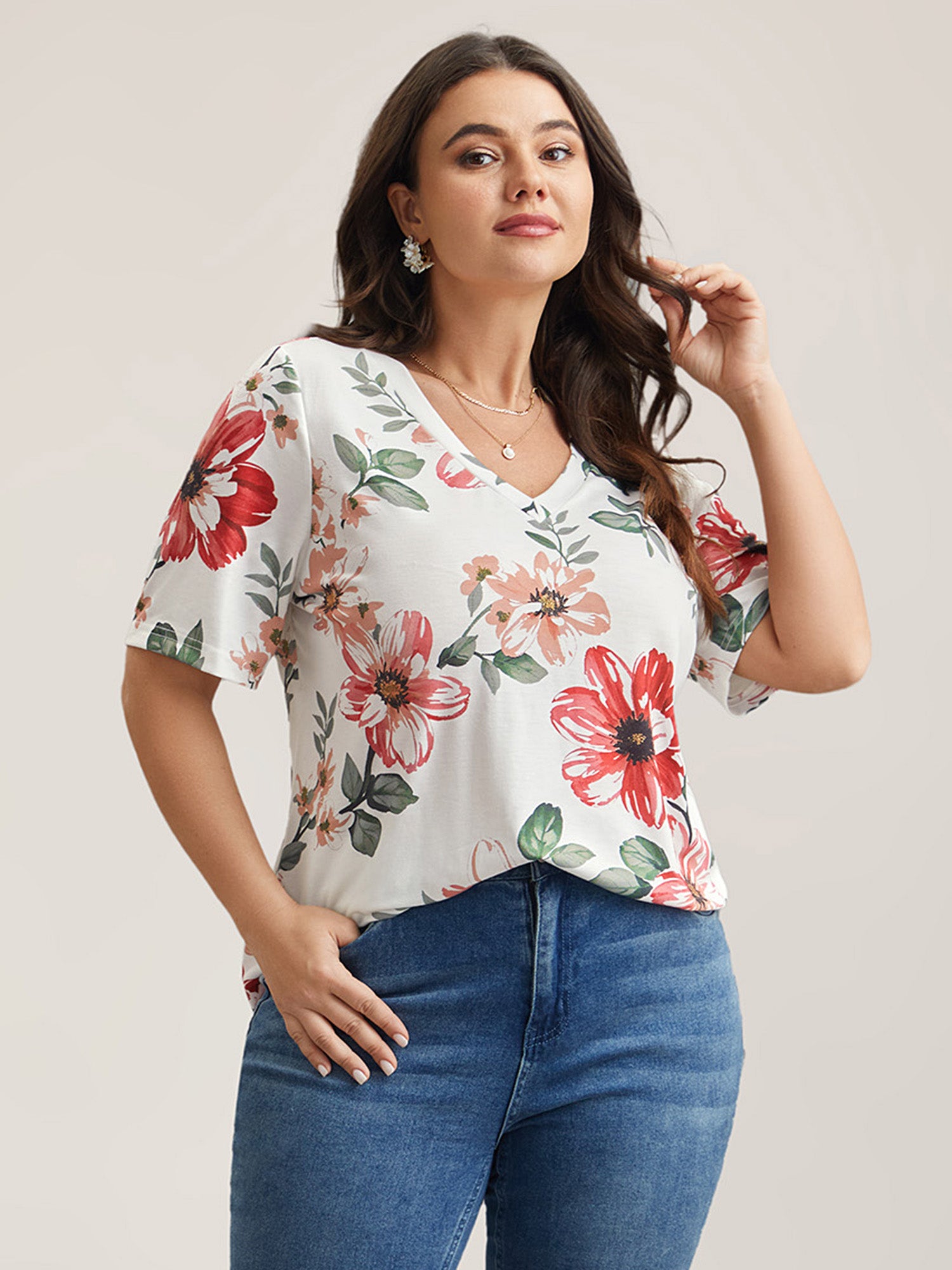 Multi-Color Floral Print V-Neck T-Shirt