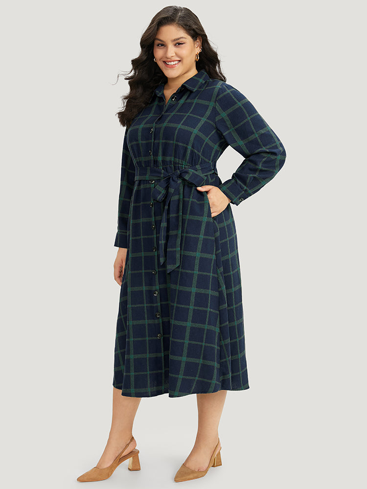 Plaid Shirt Collar Button Fly Belted Dress