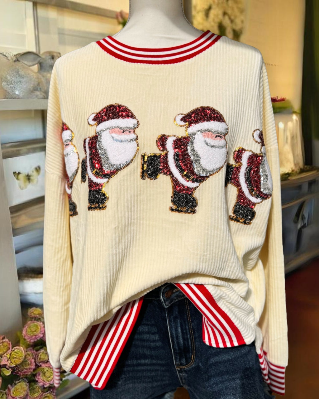 Christmas Skating Sequin Ribbed Pullover