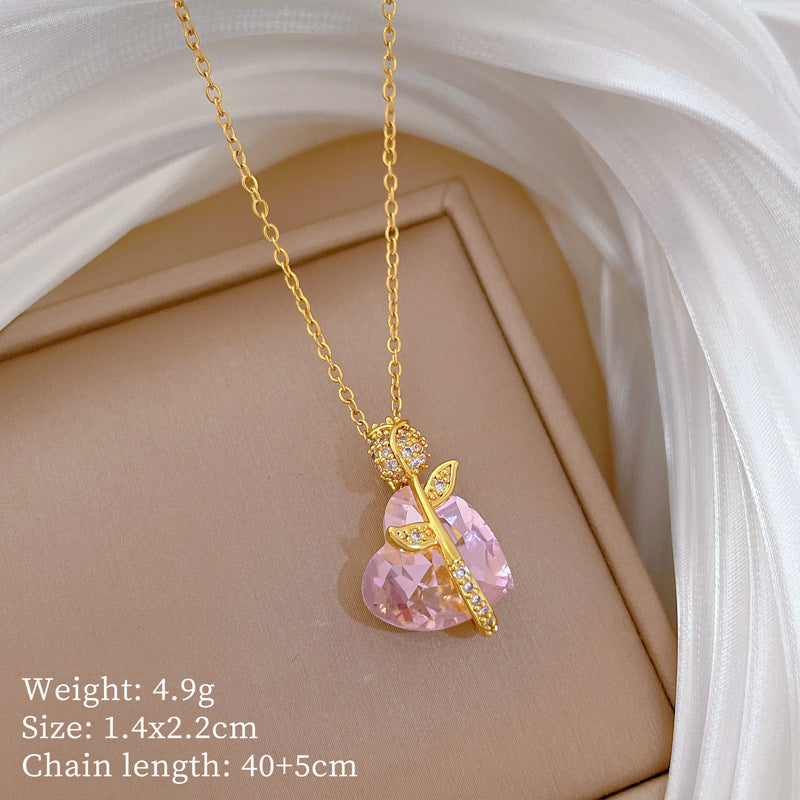Pink Love Rose Fashion Gorgeous Full Diamond Necklace Women'S All-Match Clavicle Chain Titanium Steel