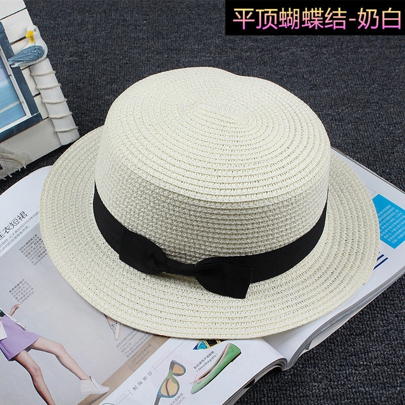 Straw Hat Sun Hat Trendy Women Summer Bow Straw Flat Top Hat