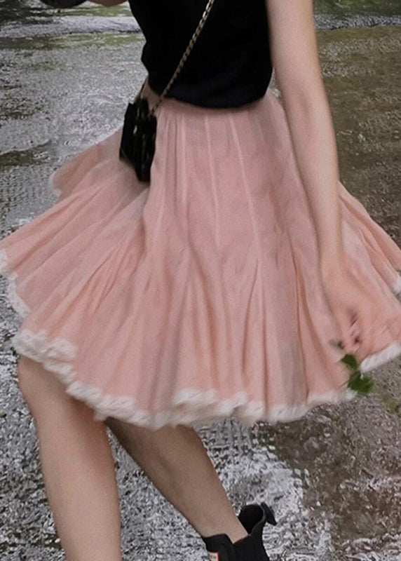 Simple Pink Lace Patchwork A Line Skirt Summer