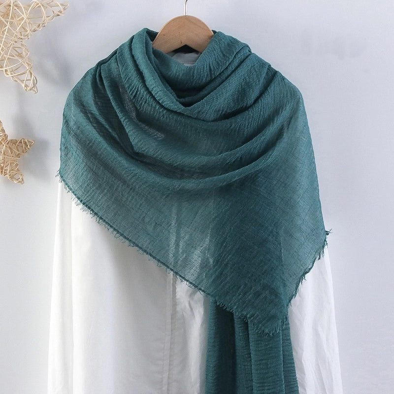 Hot Selling Solid Color Pleated Cotton And Linen Scarf Women's Bag Headscarf Crumpled Hair Fringe Bubble Scarf Women's Scarf Cover Head