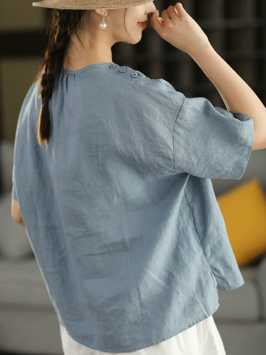 Women Summer Artsy Pure Color O-Neck 100%Linen Shirt