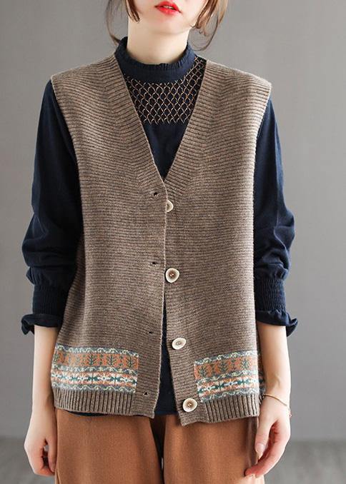Chunky Khaki Knit Cardigans Fashion Spring V Neck Sleeveless Knitted Coat