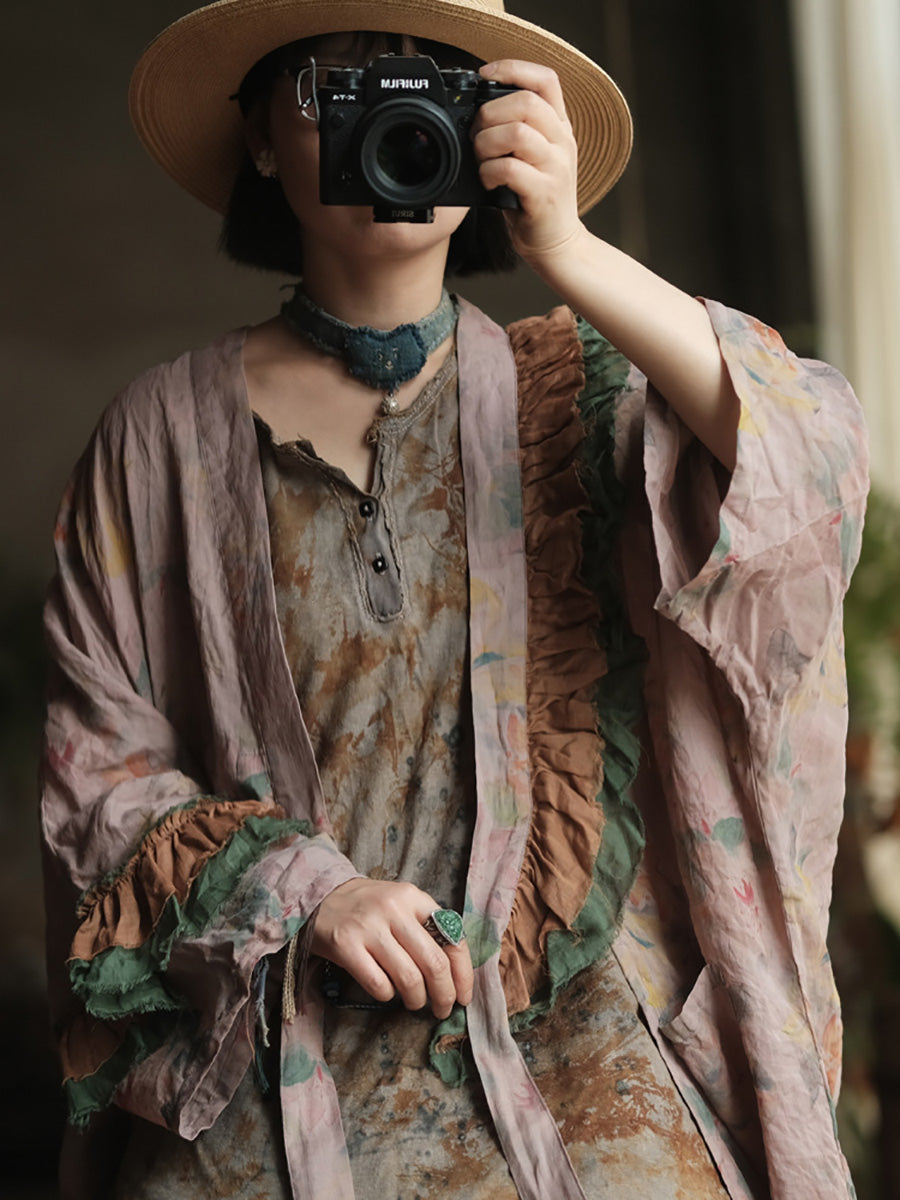 Women Summer Vintage Flower Spliced V-Neck Ramie Shirt Coat