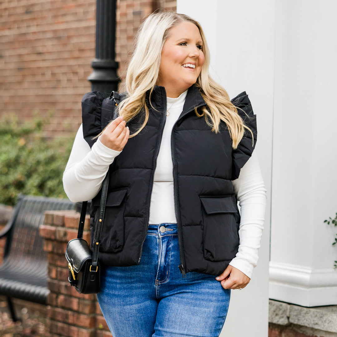 Cozy Ruffle Puff Vest. Black