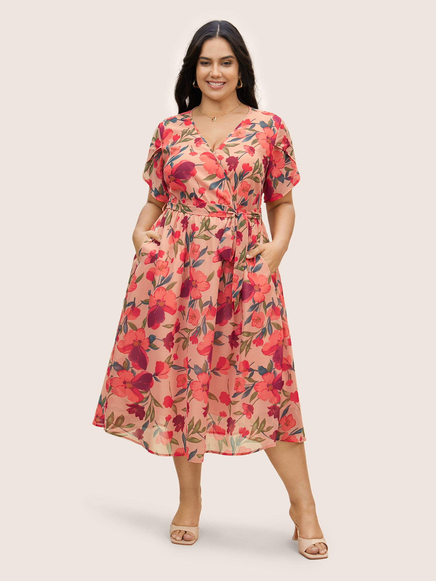 Watercolor Floral Patchwork Petal Sleeve Belted Dress