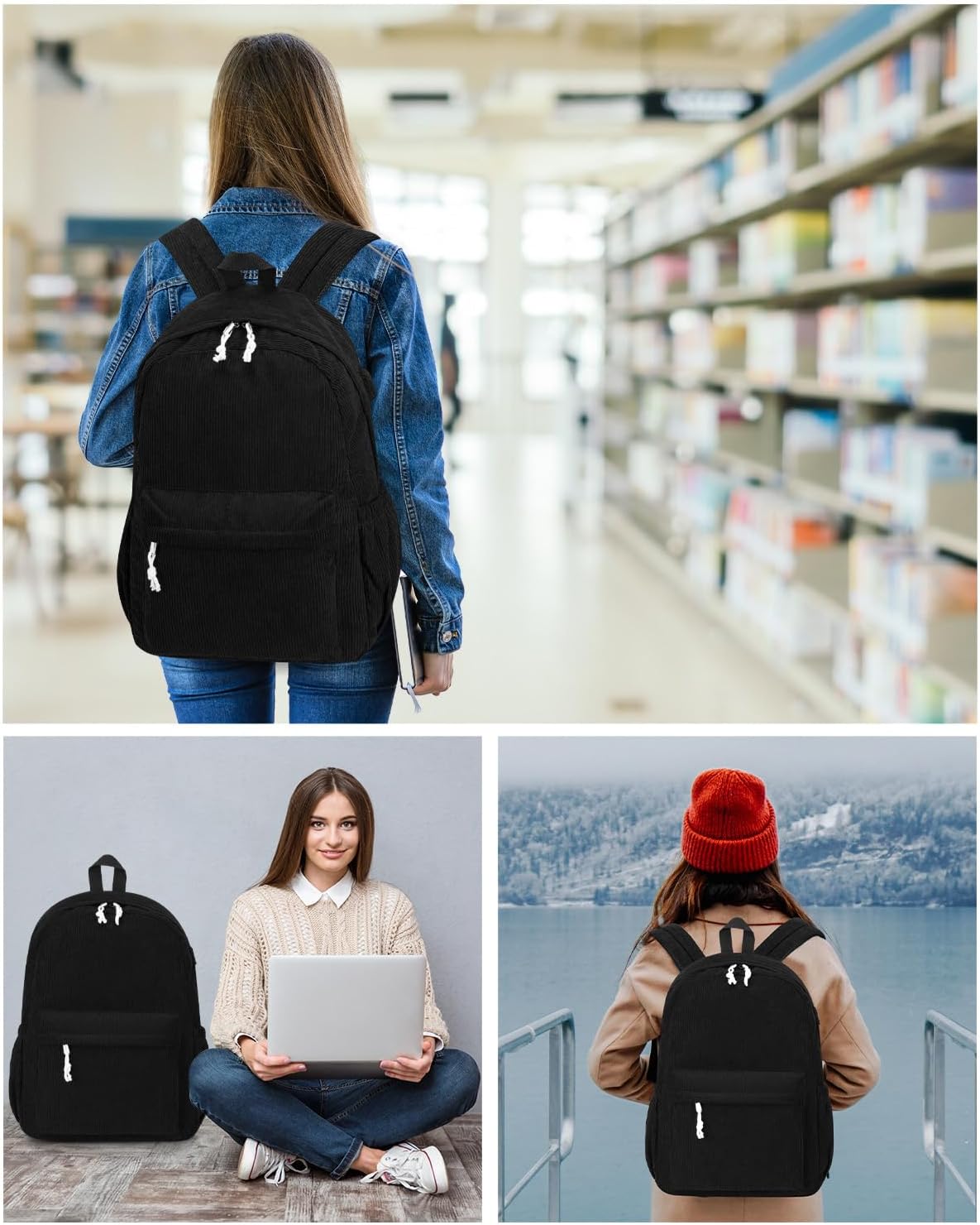 School Backpack for Teens Girls Boys, Large Corduroy College Bookbag Lightweight Backpack Purse for Women Fit for 15.6 Inch Laptop (Beige)