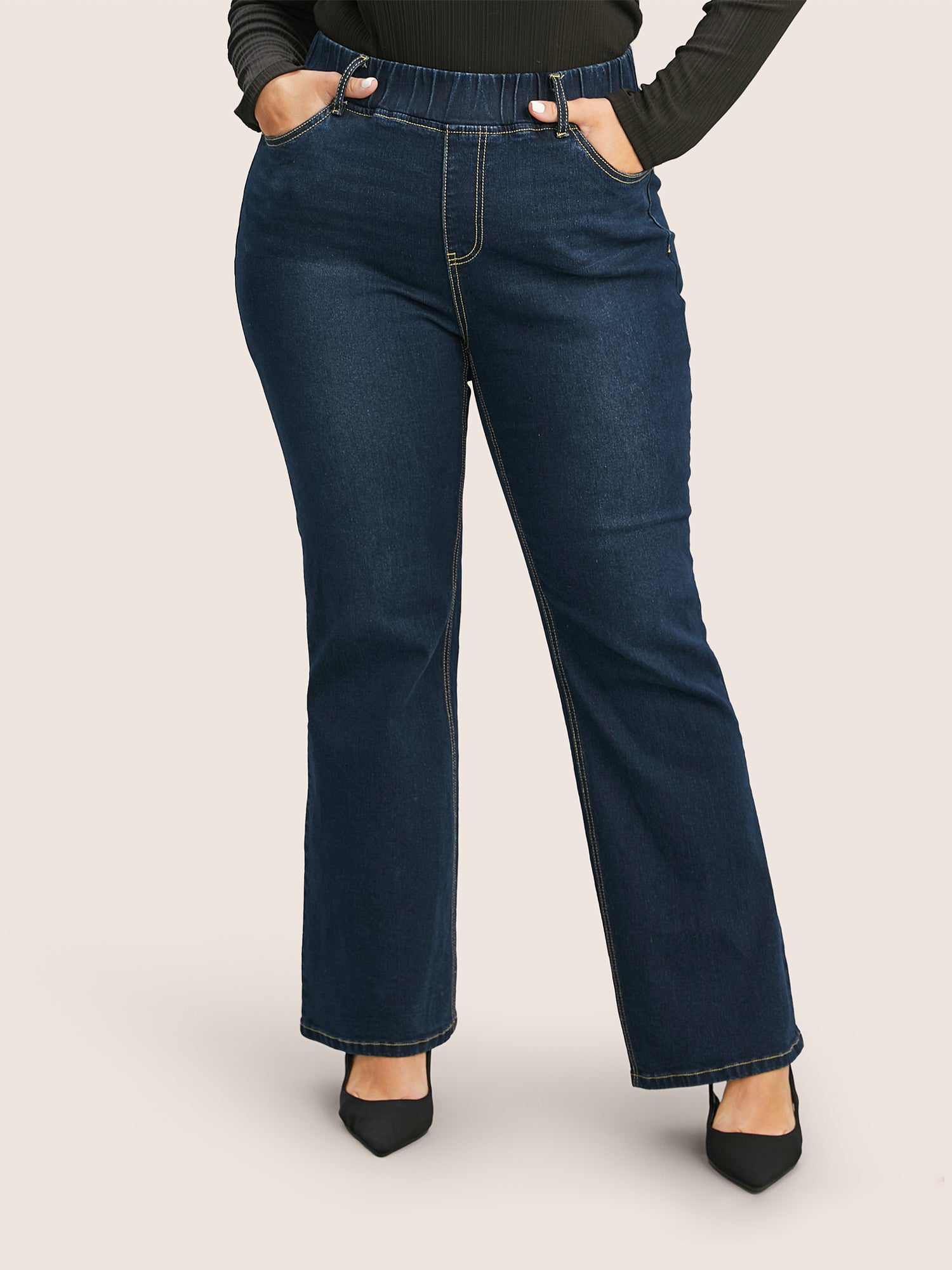 Solid Elastic Waist Pocket Full Length Jeans