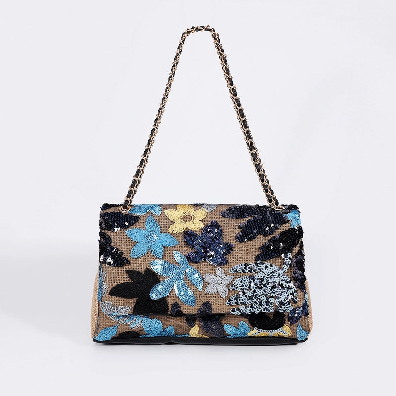 10 Pieces Women's Large Hemp Material Flower Elegant Sequins Square Flip Cover Crossbody Bag
