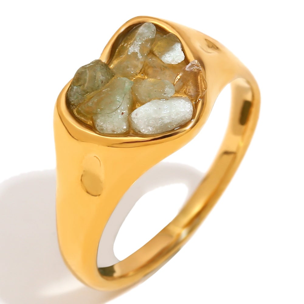 Retro Niche Hand Jewelry Stainless Steel Plated 18K Gold White Jade Gravel Adhesion Love Ring