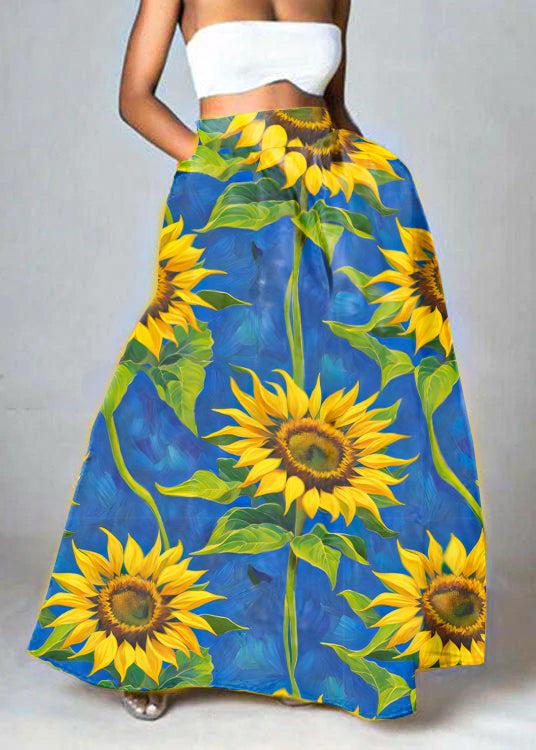 Bohemian Yellow High Waist Pockets Floral Print Cotton A Line Skirt Summer