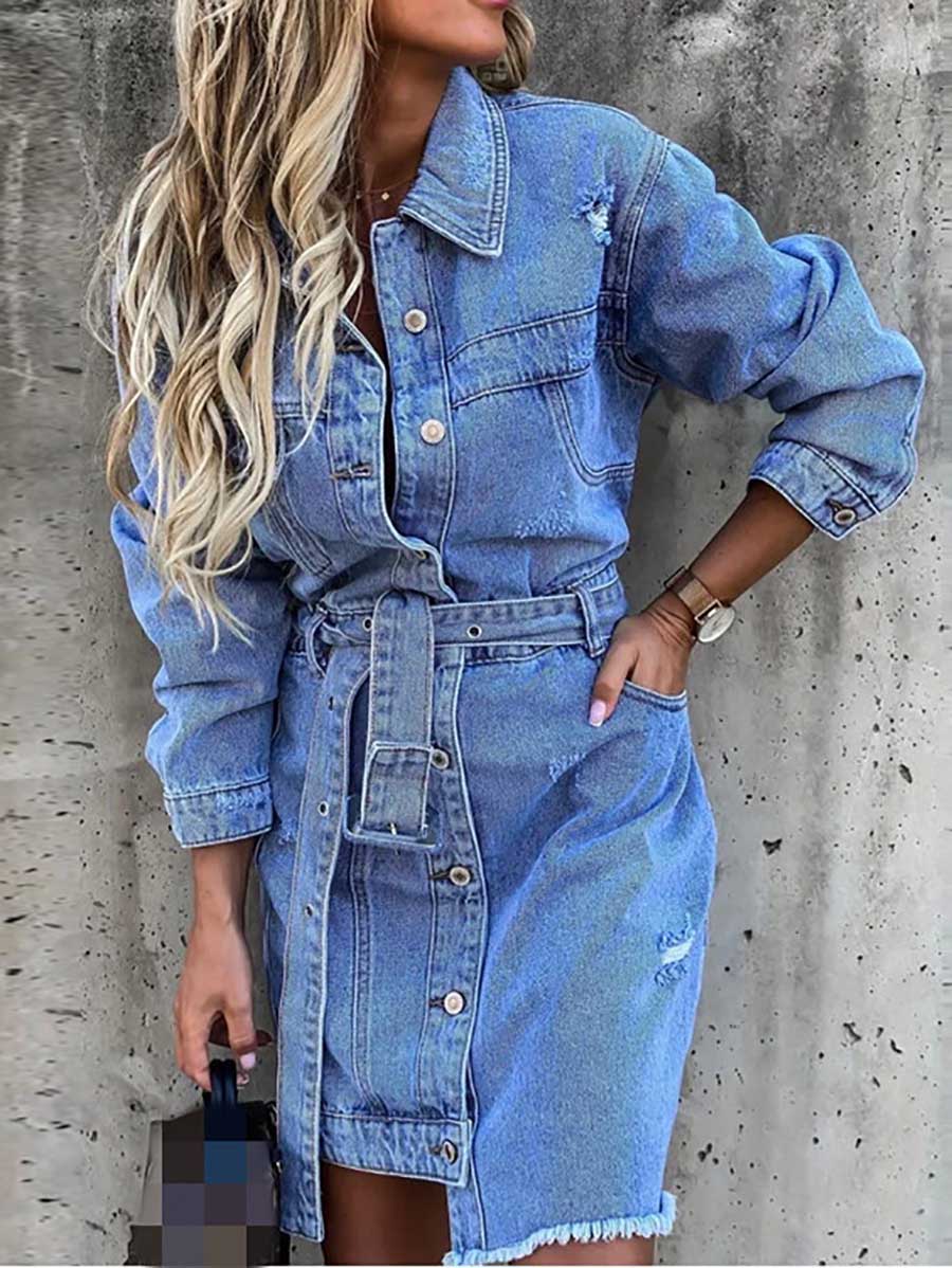 Cowboy Lapel Long Sleeve Single Breasted Slim Fit Dress