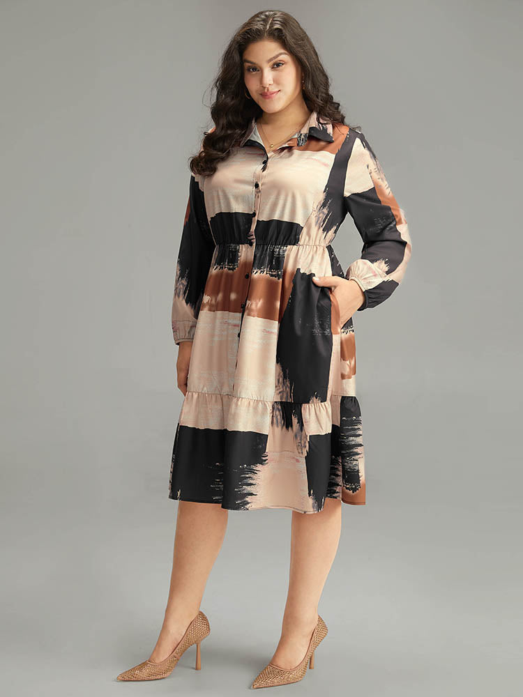 Brush Print Contrast Elastic Waist Button Through Dress