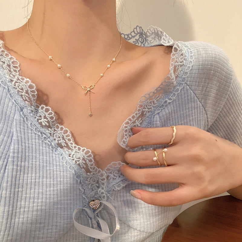 Fashion Heart Shape Titanium Steel Beaded Zircon Layered Necklaces 1 Piece