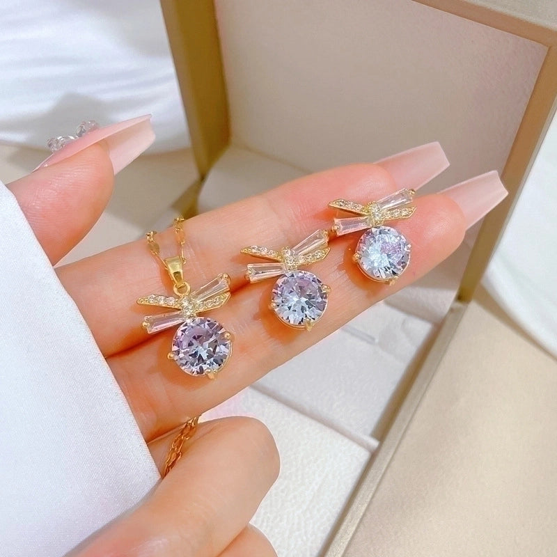 Copper Minimalist Plating Inlay Rhombus Bow Knot Zircon Jewelry Set