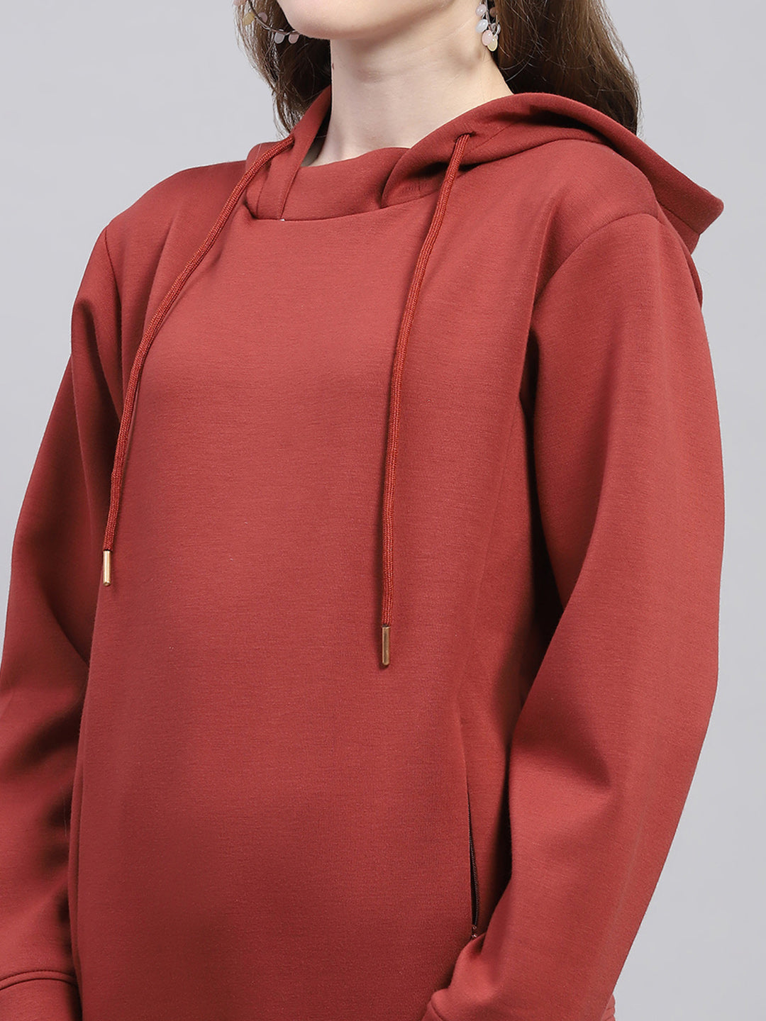 Women Rust Solid Hooded Full Sleeve Sweatshirt