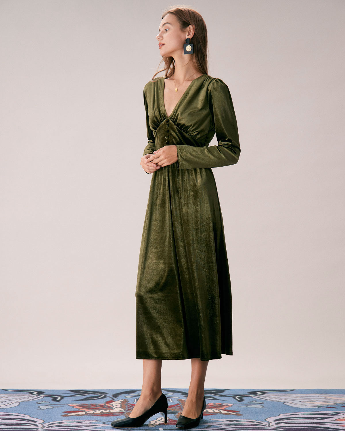 The Green V Neck Velvet Ruched Midi Dress