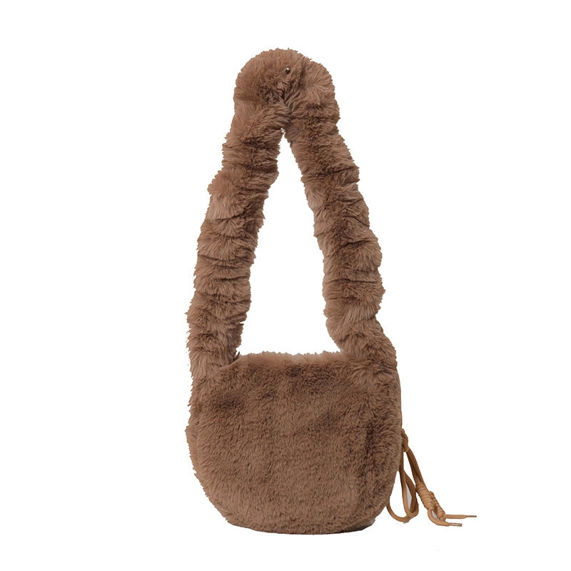 Korean Style Autumn And Winter Furry Solid Color Mini Bag Casual Fashion Underarm Women's Bag Fashionable Western Style Plush Handbag