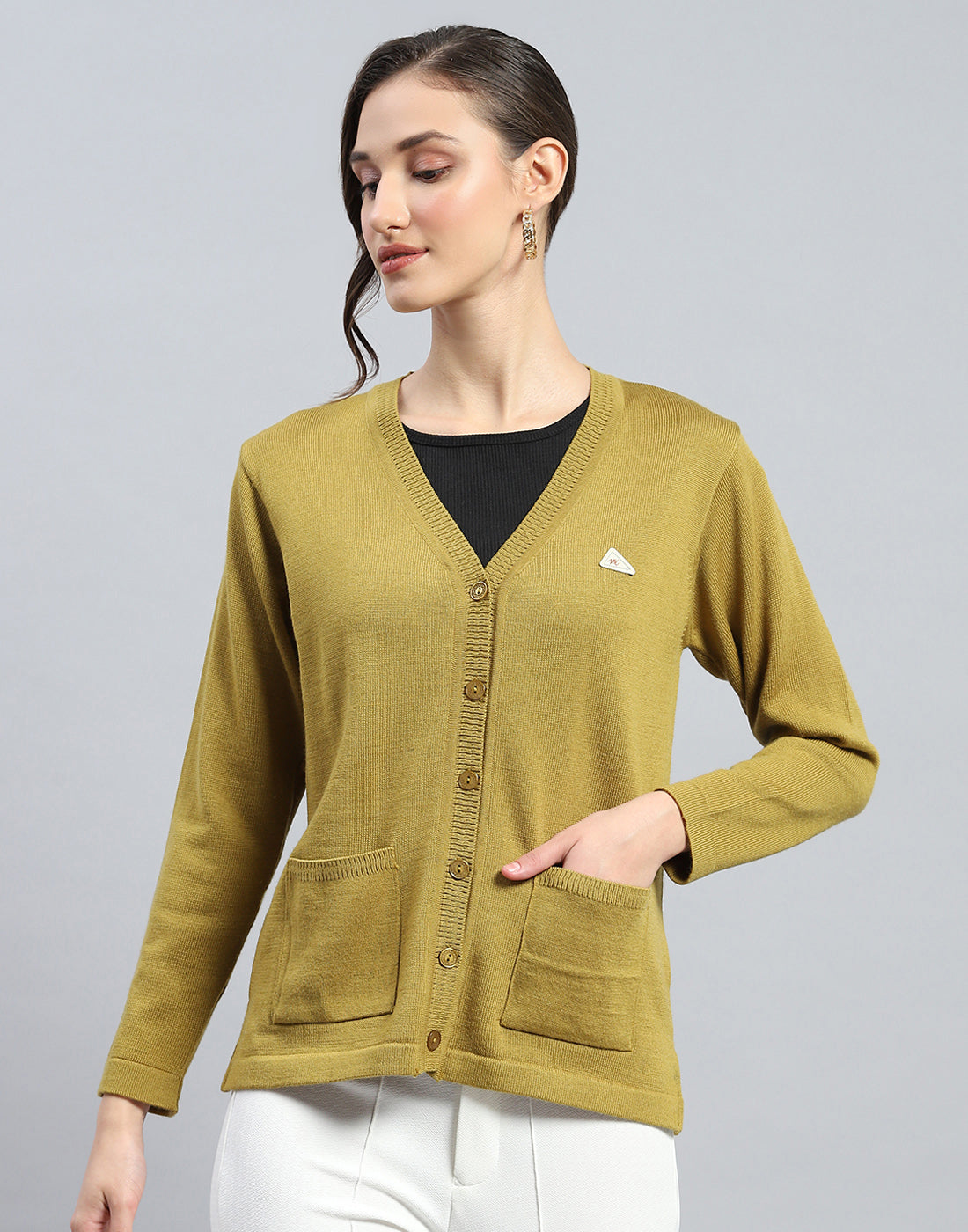 Women Khaki Solid V Neck Full Sleeve Cardigan