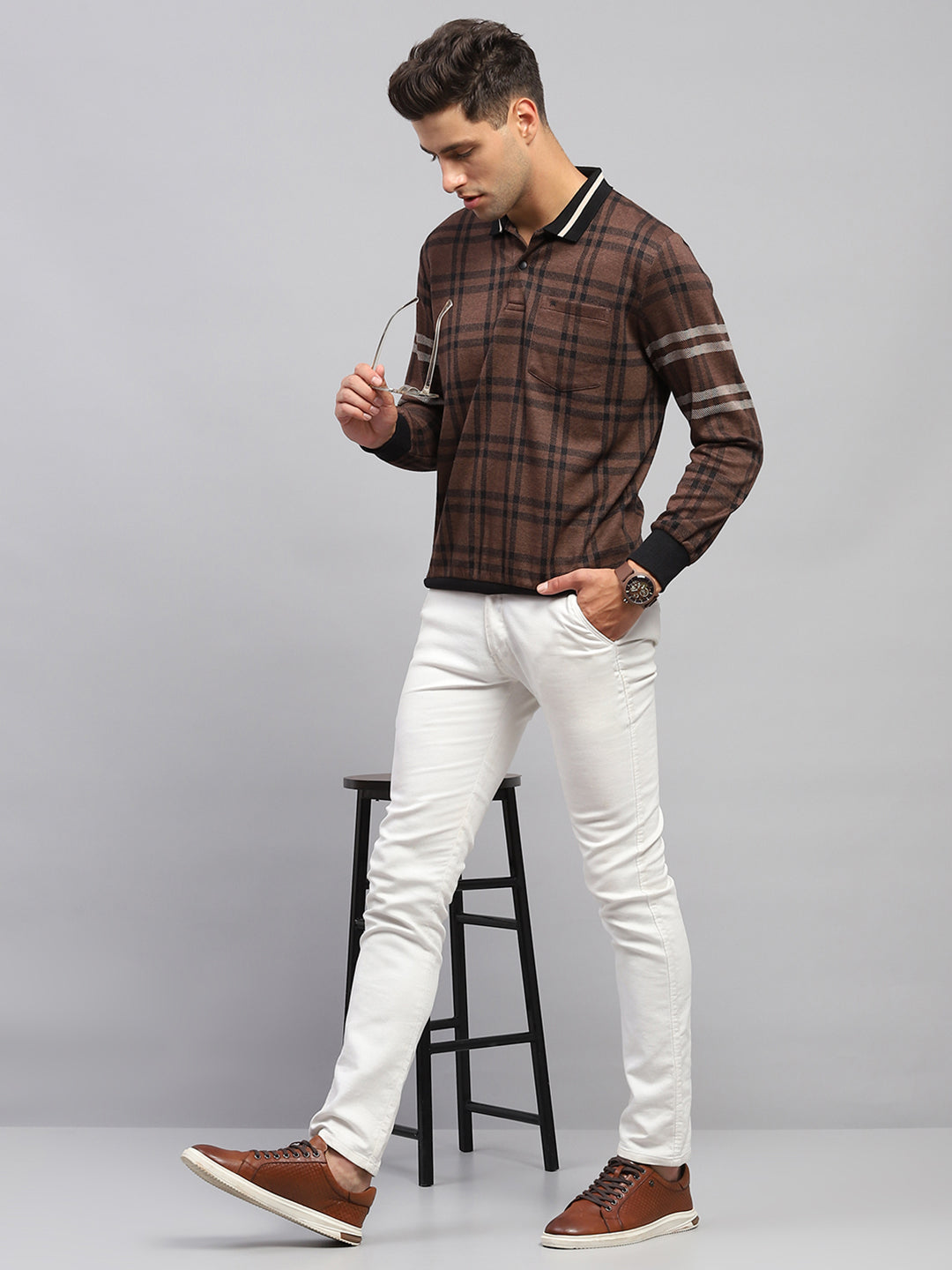 Men Brown Check Collar Full Sleeve Winter T-Shirt