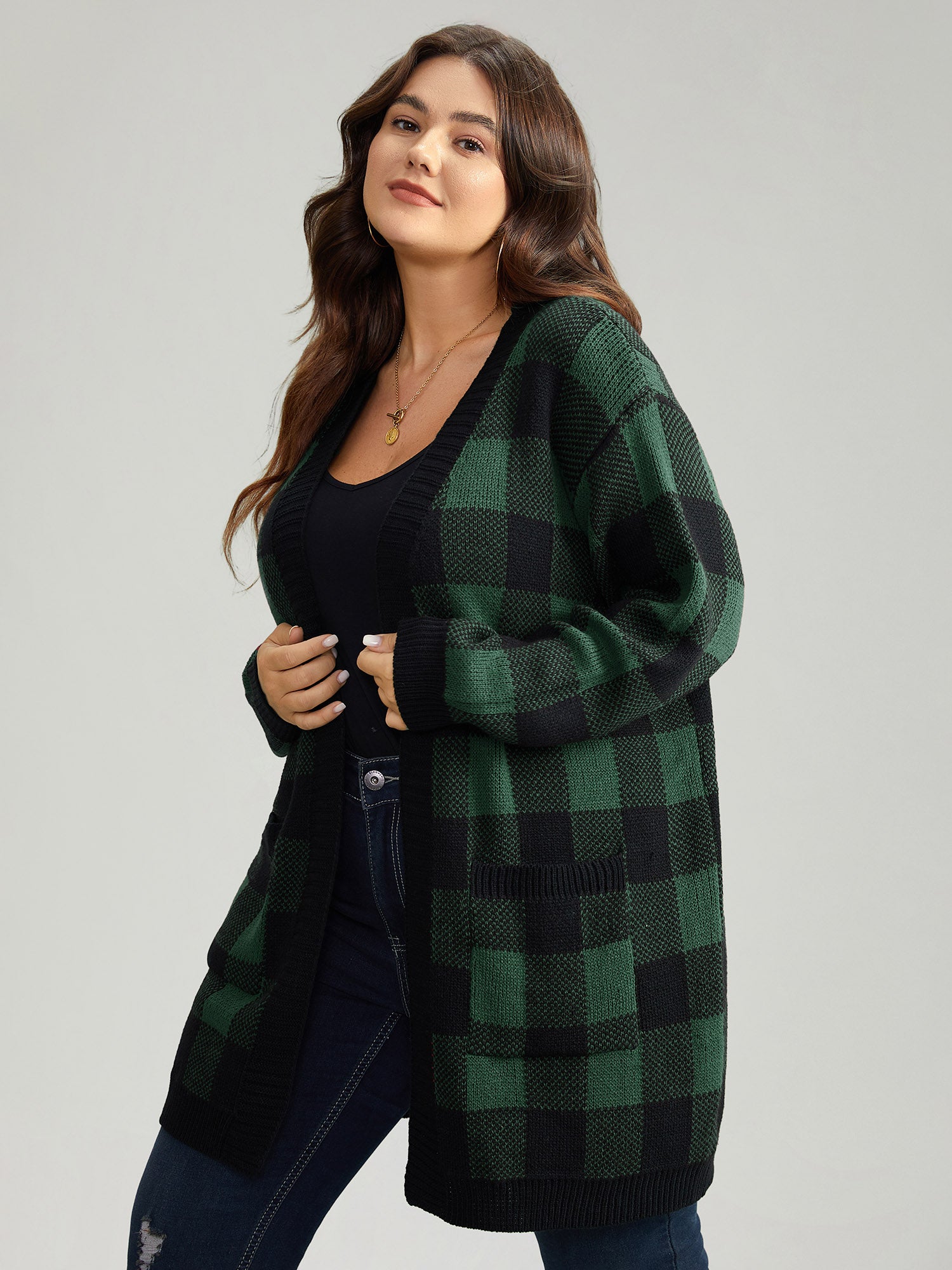 Plaid Patched Pocket Loose Cardigan