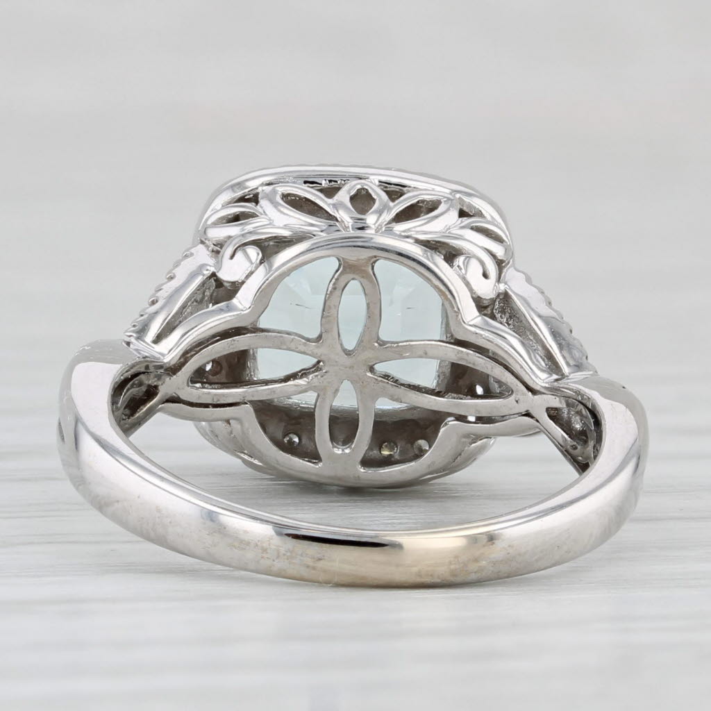 3.55ctw Aquamarine Diamond Halo Ring 14k White Gold Floral Bridge Size 6.25