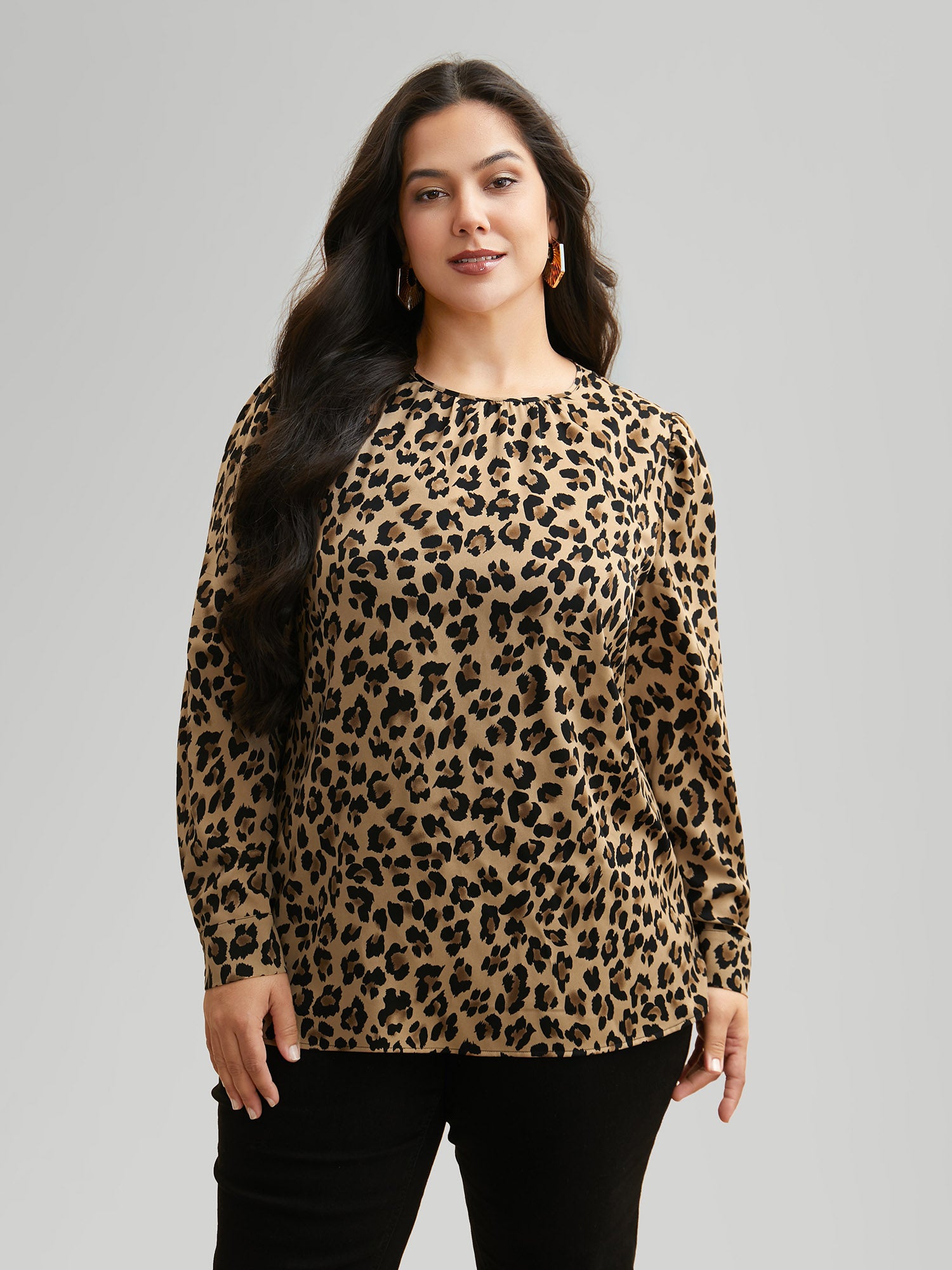 Leopard Print Mock Neck Gathered Blouse