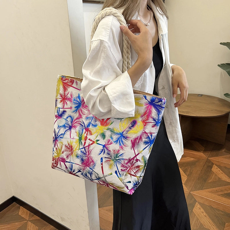 Women's Large Canvas Leaves Polka Dots Flamingo Streetwear Sewing Thread Square Zipper Tote Bag