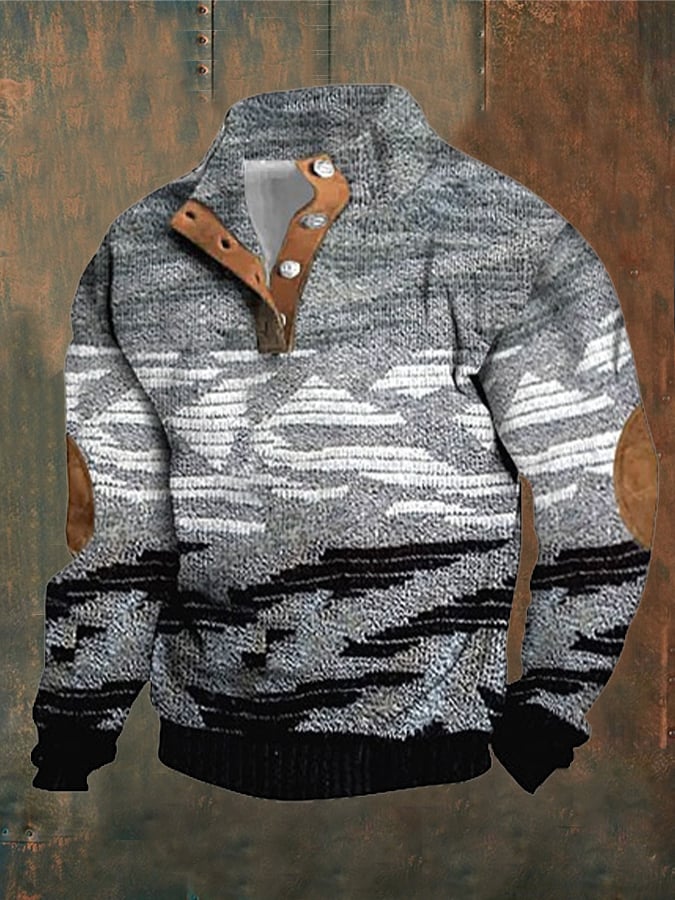 Men's Color Matching Print Button Stand Collar Sweatshirt