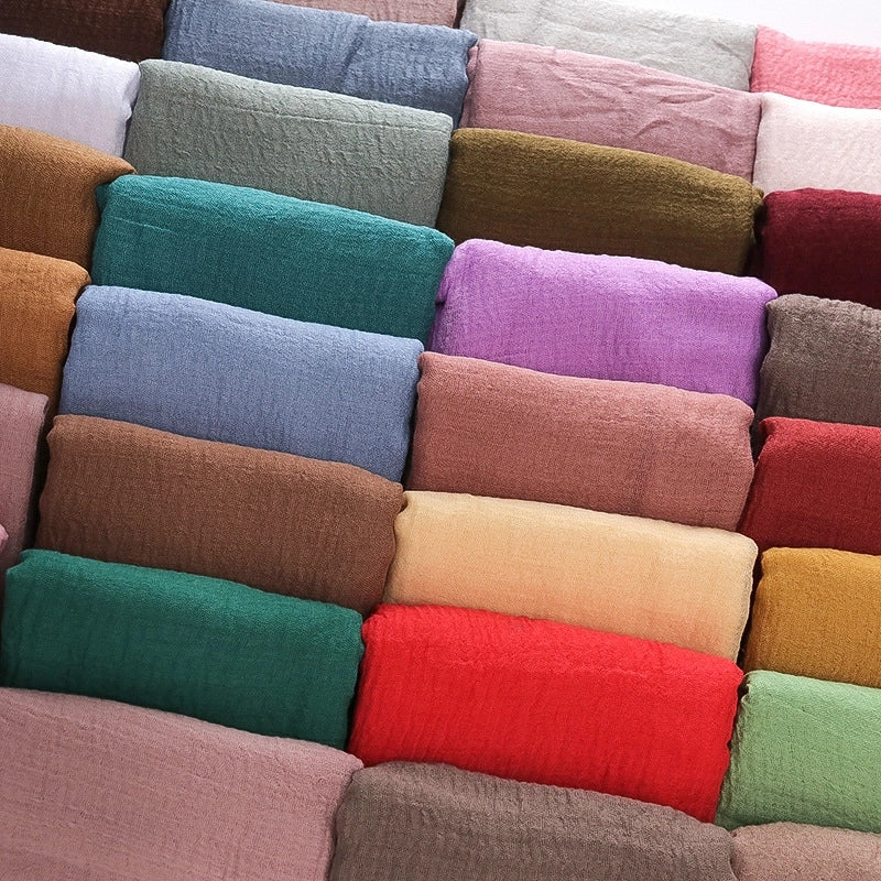 Hot Selling Solid Color Pleated Cotton And Linen Scarf Women's Bag Headscarf Crumpled Hair Fringe Bubble Scarf Women's Scarf Cover Head