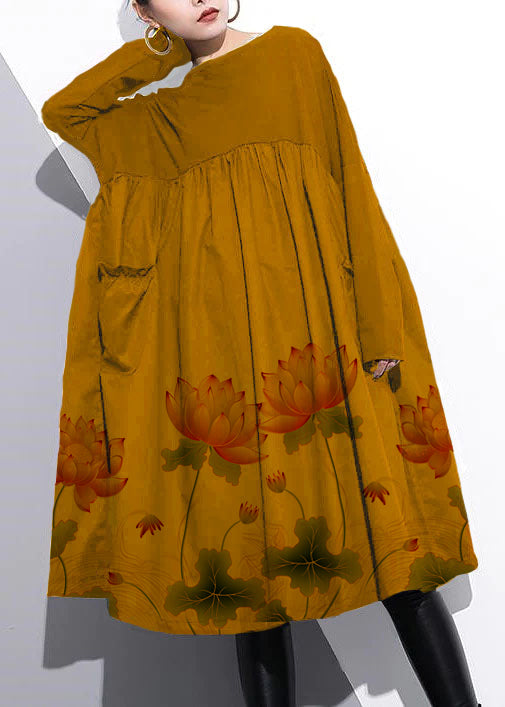 Elegant Cinched o neck Cotton clothes For Women Tutorials  Yellow chrysanthemum Dresses