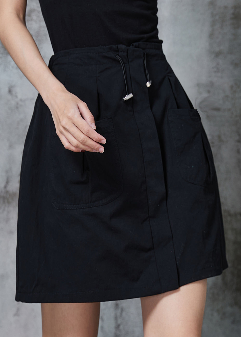 Fashion Black Drawstring Cotton A Line Skirt Summer