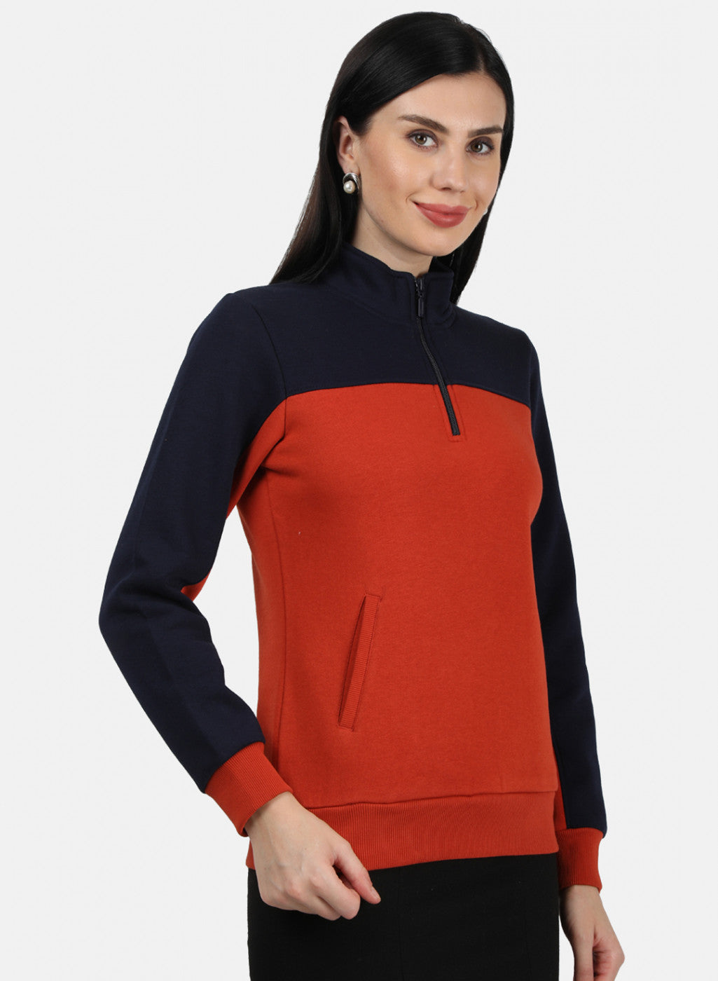 Women Orange & Navy Plain Sweatshirt