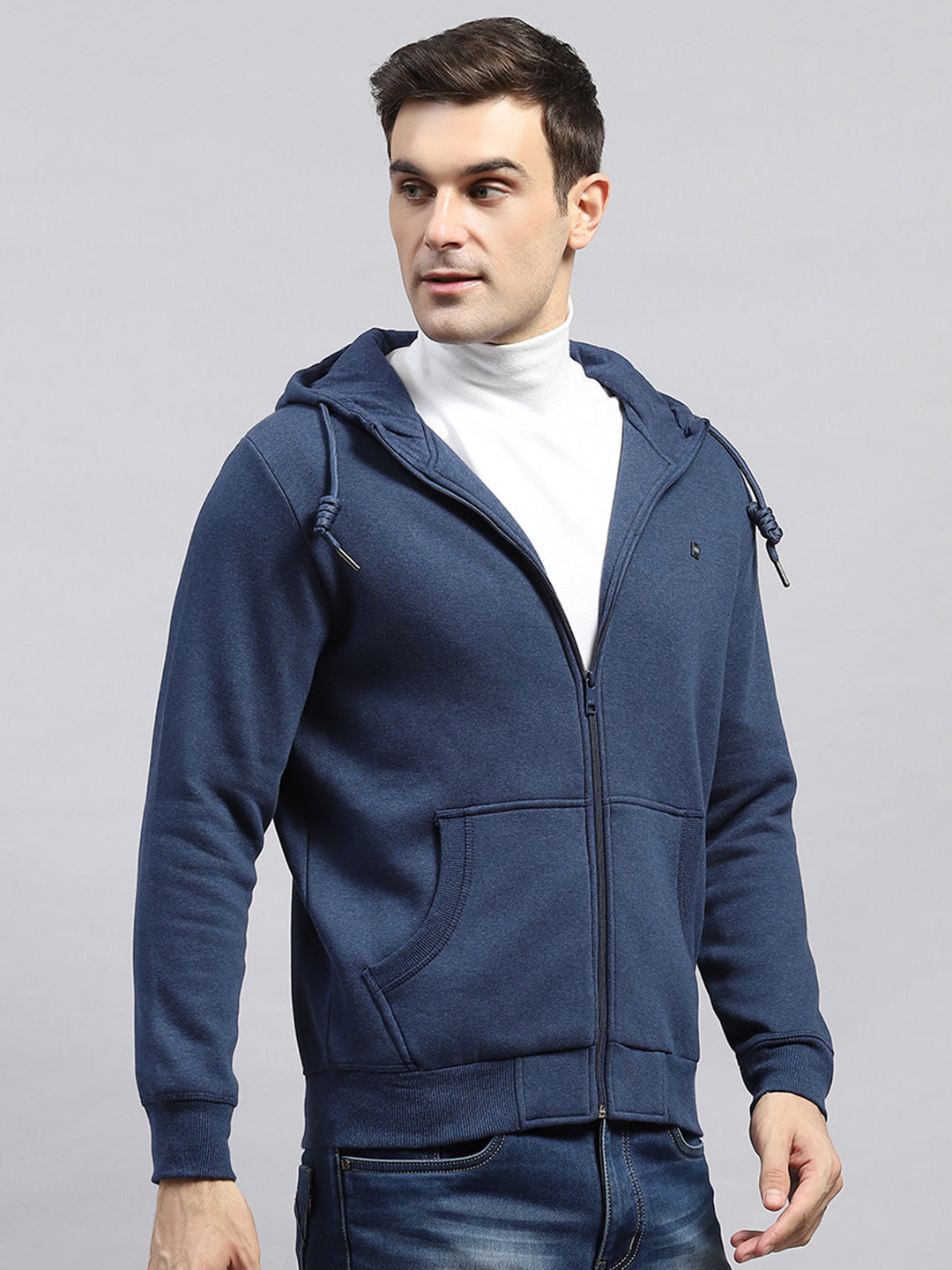 Men Blue Solid Hooded Full Sleeve Sweatshirt