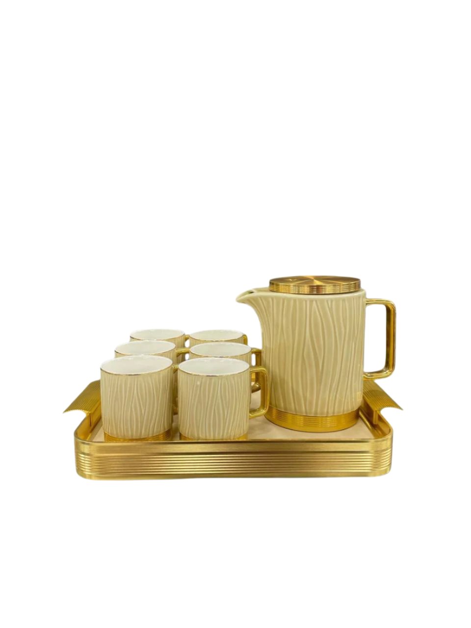 MODERN CERAMIC TEASET WITH METALLIC TRAY