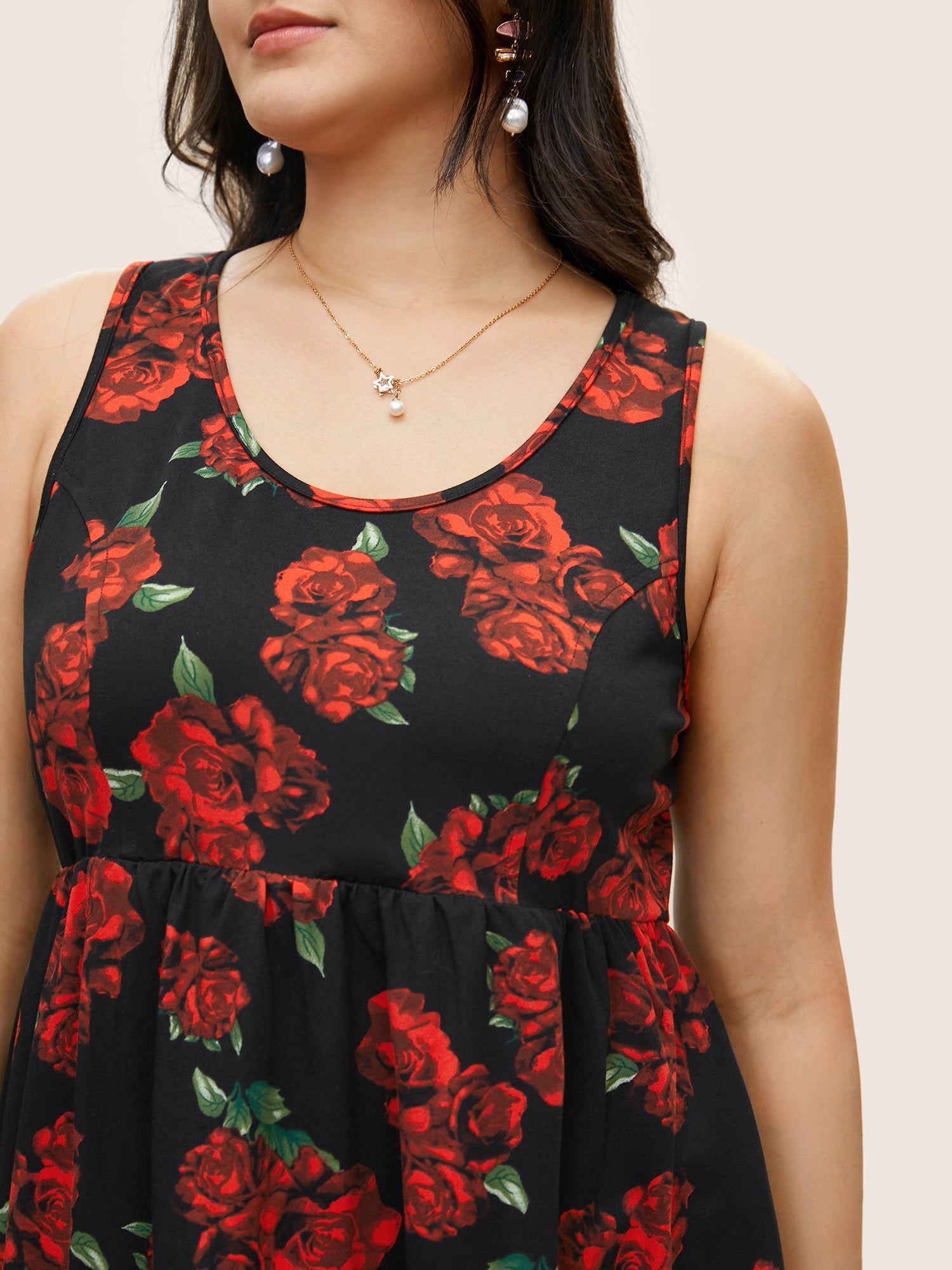 Roses Print Elastic Waist Gathered Tank Top