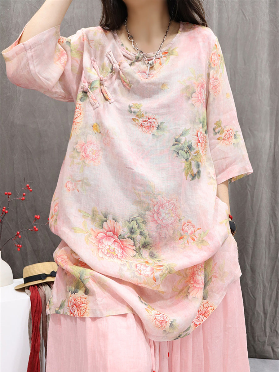 Women Summer Retro Flower O-Neck 100%Ramie Shirt