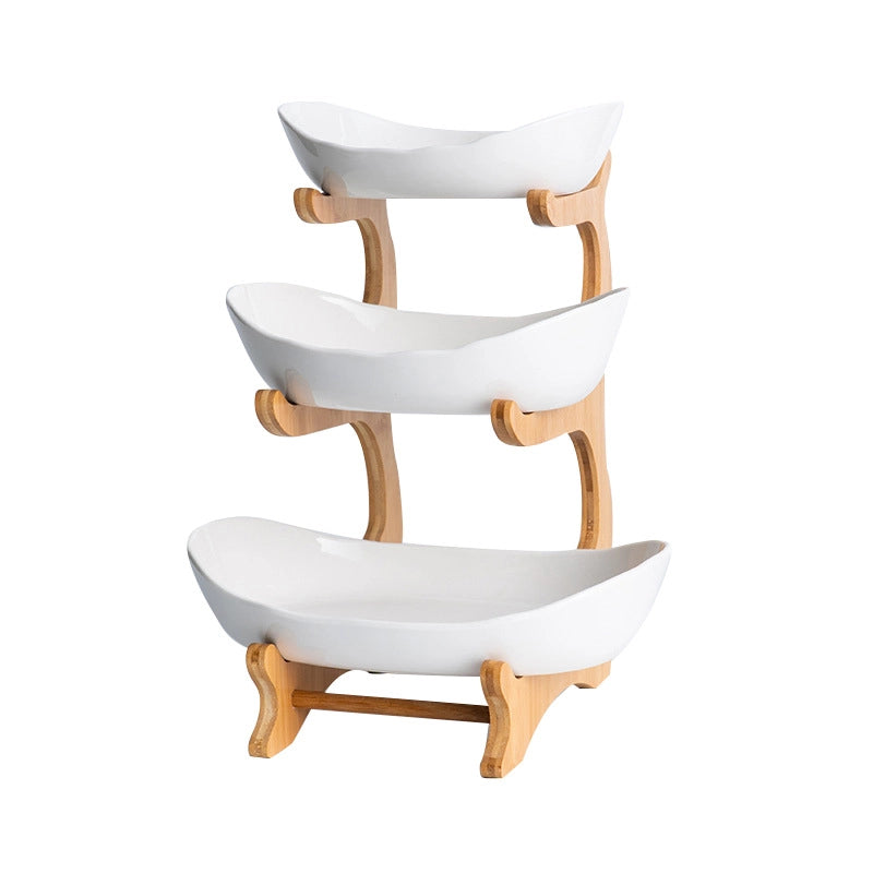 Creative Double-layer Multi-layer Fruit Plate European-style Ceramic Dried Fruit Plate Bamboo Rack Household Sushi Plate Direct Fruit Basket