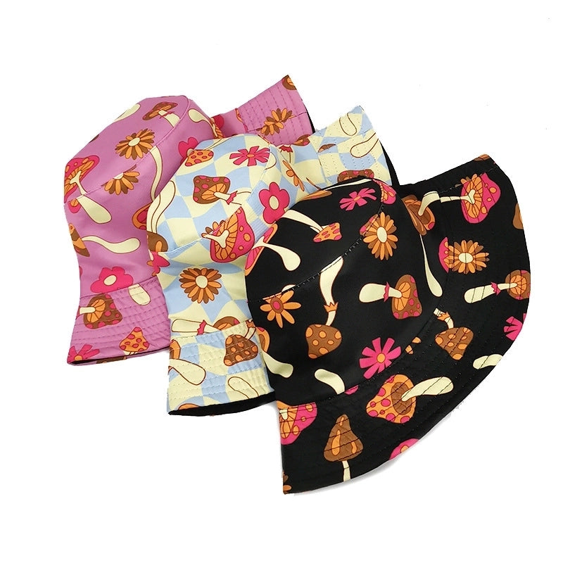 Women's Cute Flower Mushroom Printing Flat Eaves Bucket Hat