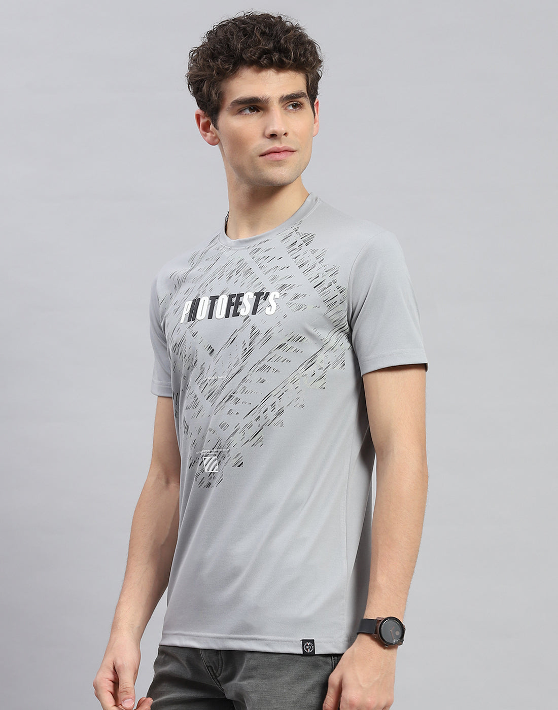 Men Grey Printed Round Neck Half Sleeve T-Shirt