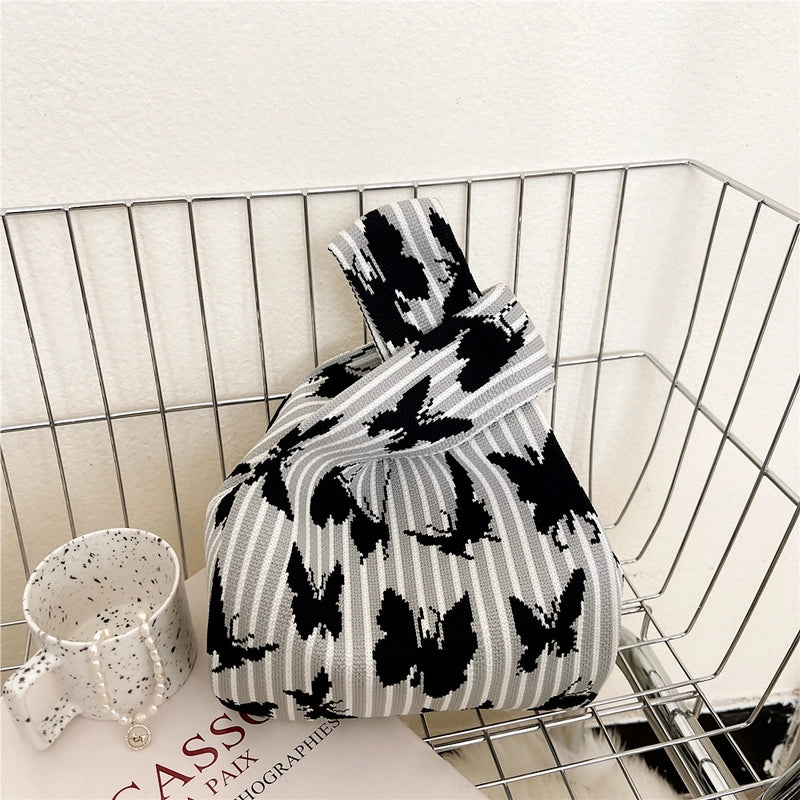 Women's Small Knit Houndstooth Stripe Butterfly Classic Style Square Open Handbag