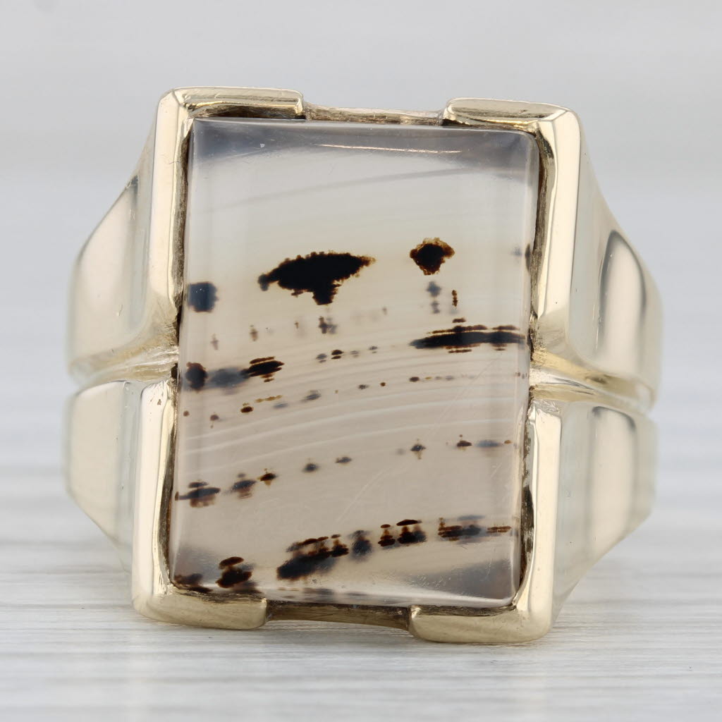 Vintage Montana Moss Agate Cabochon Solitaire Men's Ring 10k Gold Size 10.25